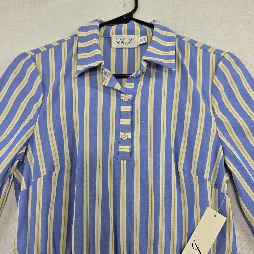 NWT Eliza J Blue Yellow Stripe Tiered Shirtdress Belt Pockets 4 Preppy Coastal - Picture 3 of 15